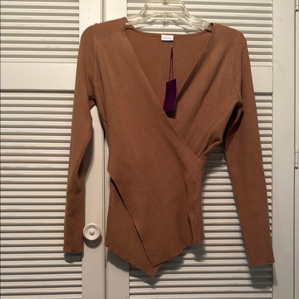 LASCANA Camel Tan Surplice (Overlapping  V Neck) Sweater